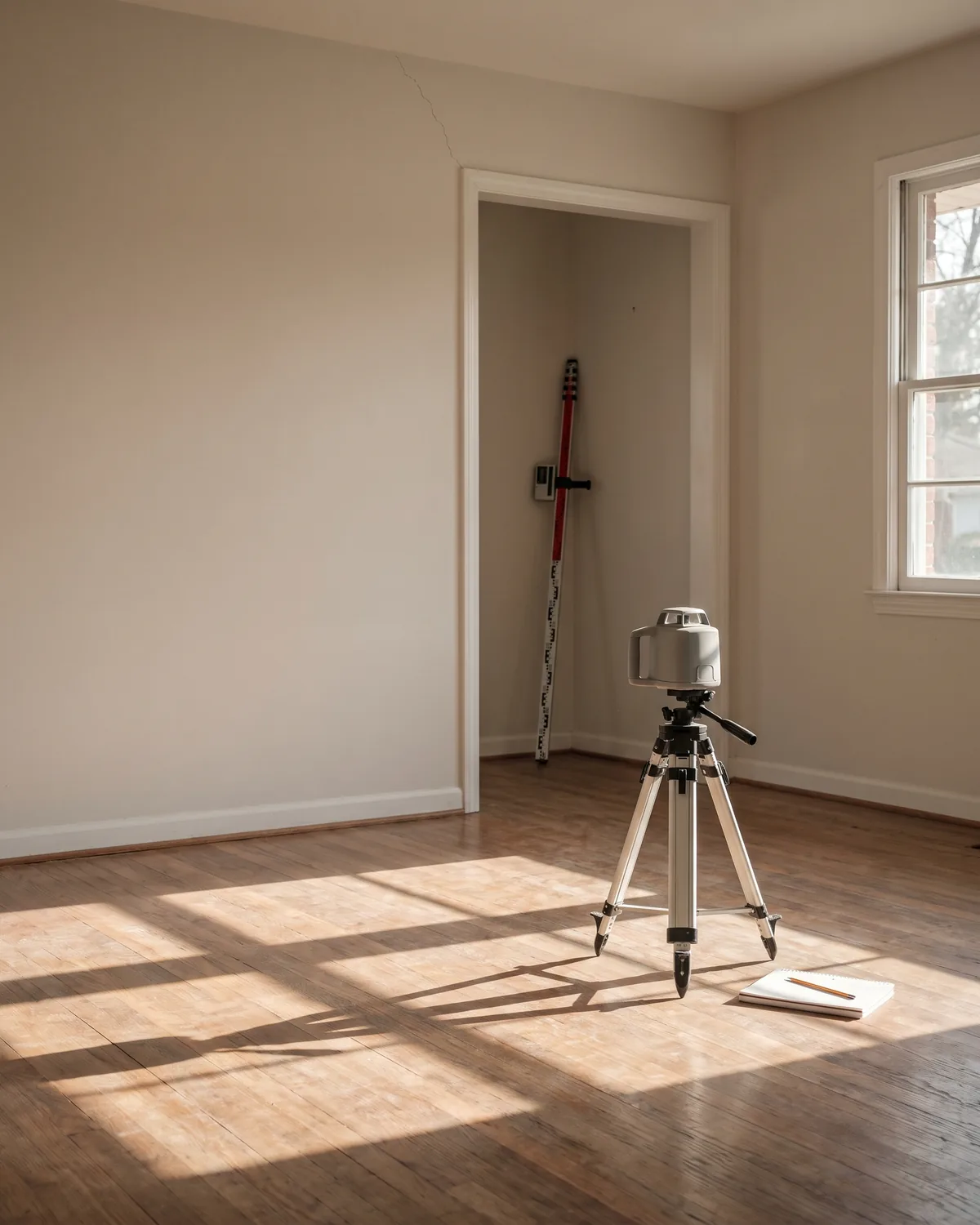 Rotary laser level on a tripod reading floor elevations in a living room