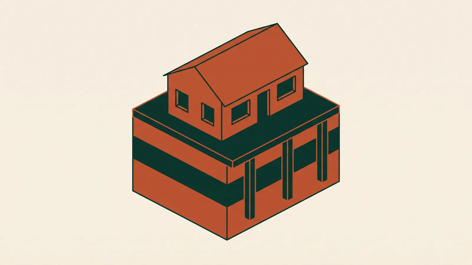 Illustrated cutaway of a house slab on layered soil with piers below