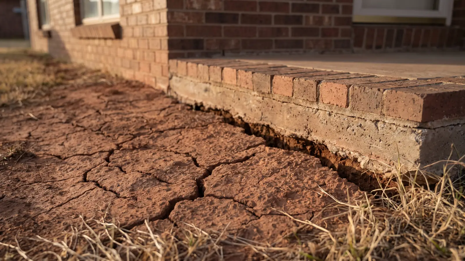 Dry cracked clay soil pulled away from a concrete slab foundation edge