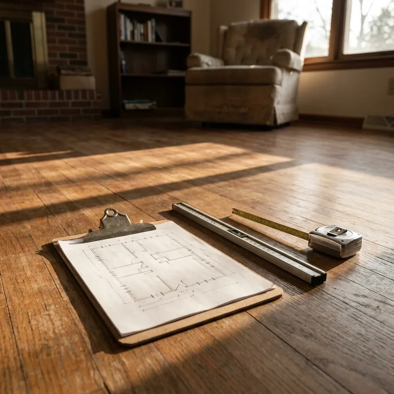Clipboard with a floor-plan sketch beside a laser level receiver