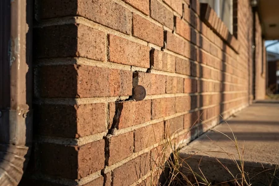 Stair-step crack through the mortar joints of a brick veneer wall
