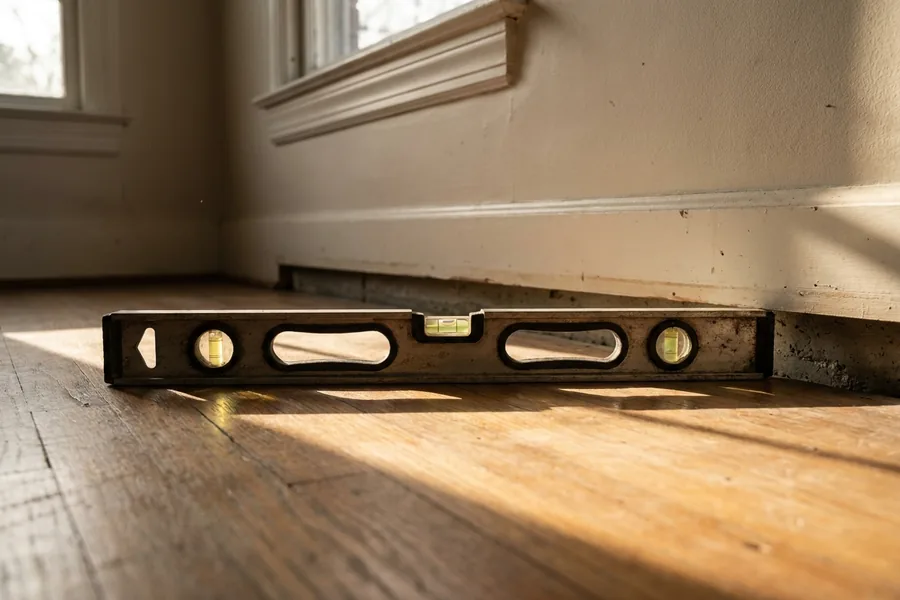 Spirit level on a hardwood floor showing the floor out of level