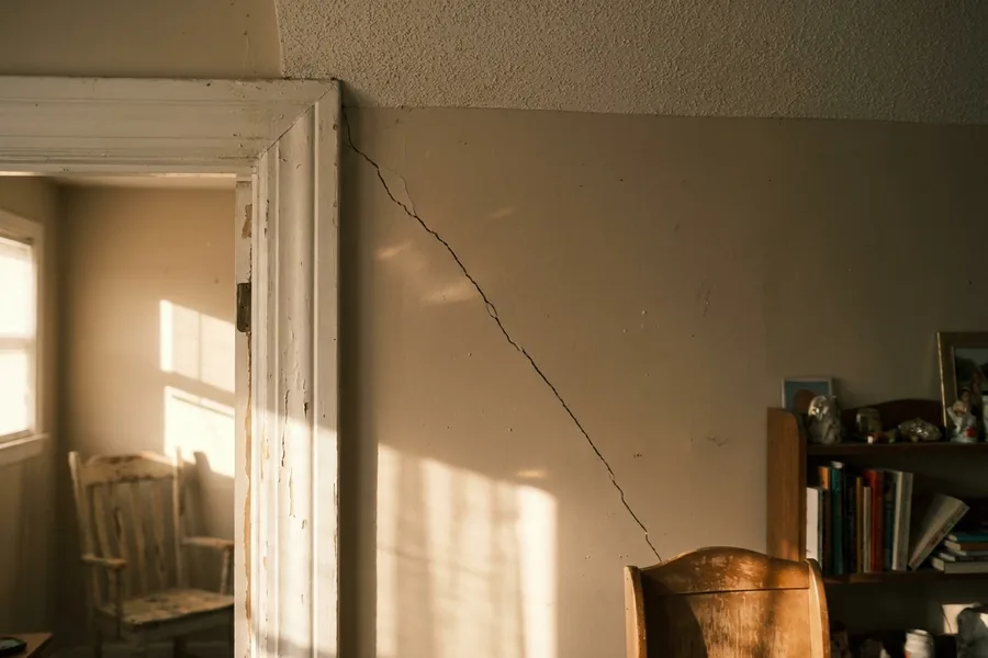 Diagonal drywall crack running from the corner of a door frame toward the ceiling