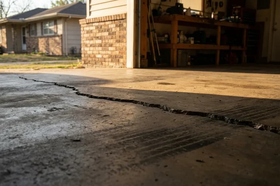 Crack across a garage slab with one side sitting higher than the other