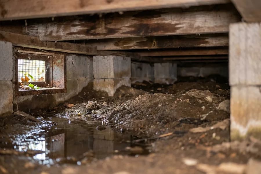 Standing water and damp soil under a house in a crawl space